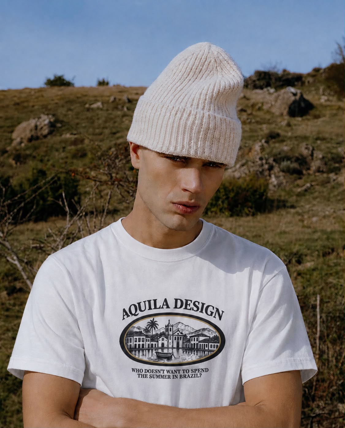 AQUILA SS26 — camiseta branca com estampa AQUILA Design
