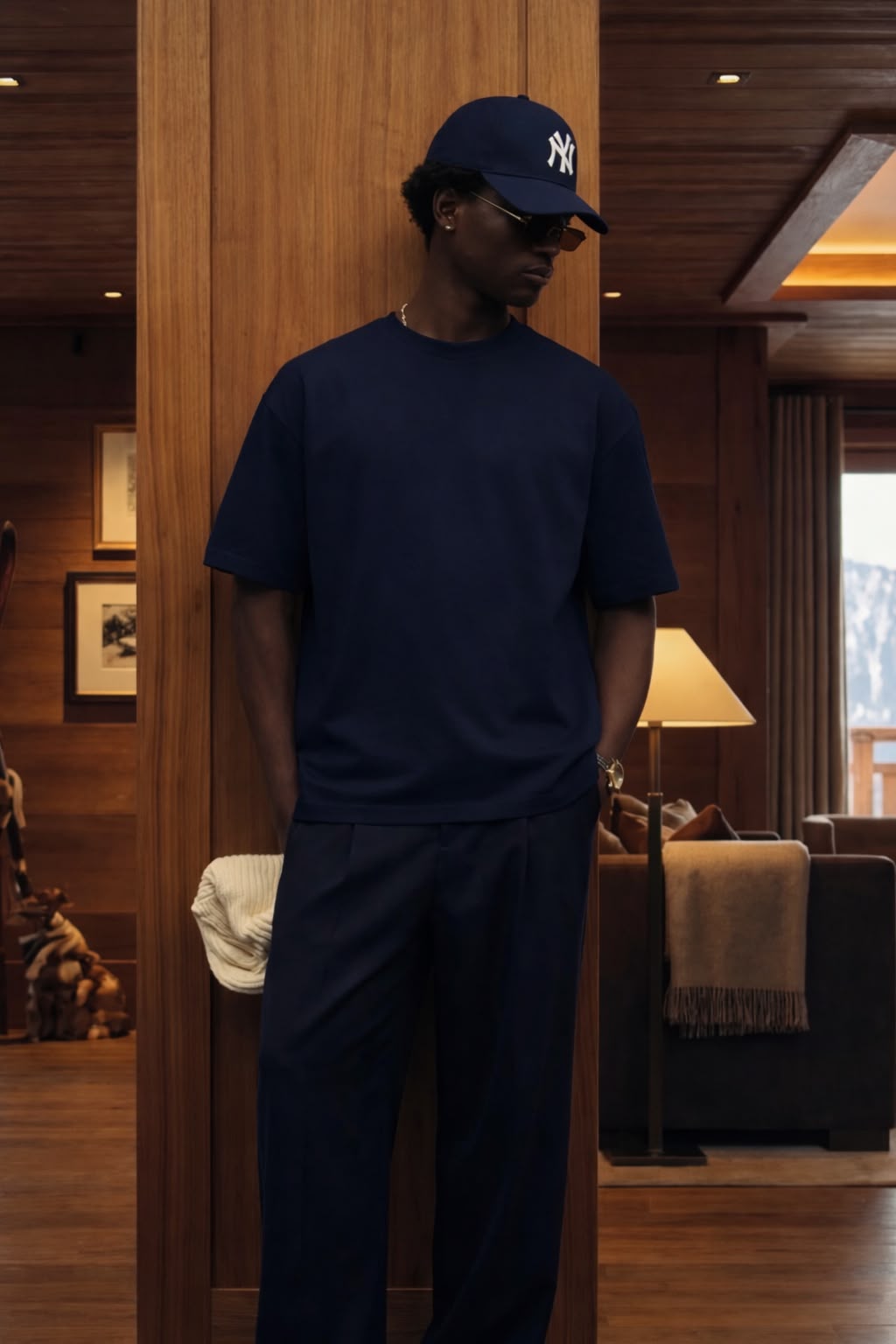 AQUILA FW26 — conjunto navy com camiseta oversized e calça alfaiataria
