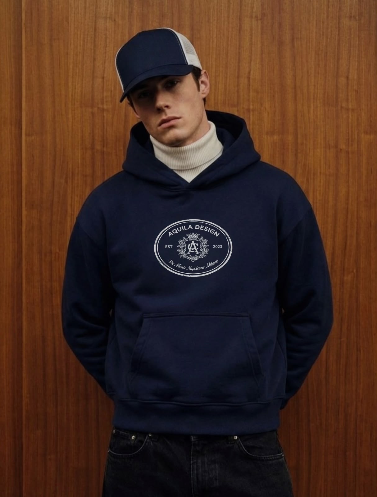 AQUILA FW26 — moletom navy com selo AQUILA Design no peito